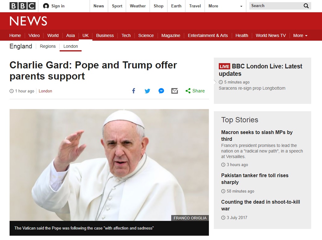 프란치스코 교황의 희귀병 치료 지지를 보도하는 BBC 뉴스 갈무리.