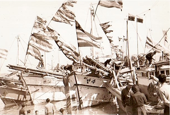 오색기를 나부끼며 째보선창에 정박한 고깃배들(1960년대)
