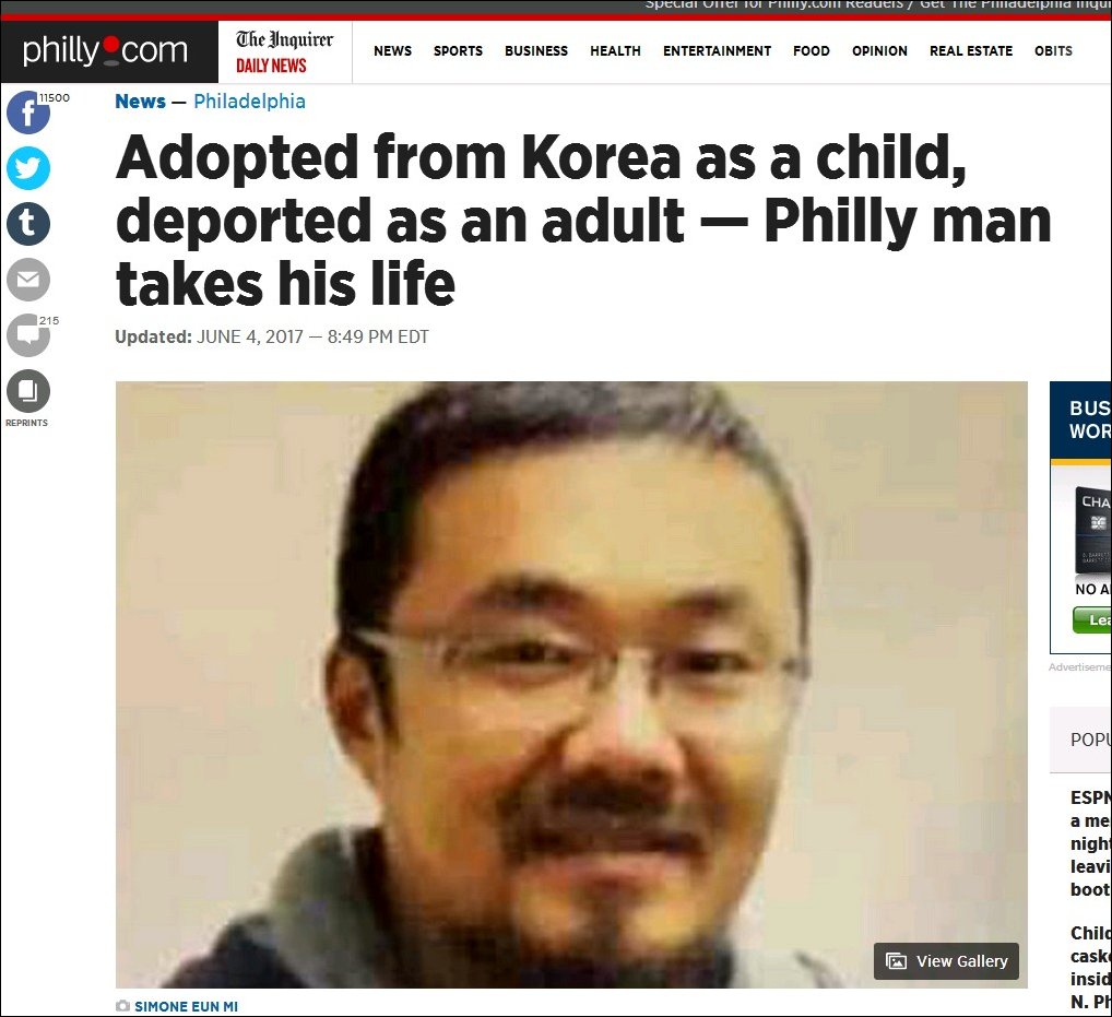  지난 5월 21일 한국에서 투신 자살한 김상필(43)씨의 사연을 다룬 <필라델피아 인콰이어러> 7월 4일 자 인터넷판. 김씨 자살사건은 이밖에도 <뉴욕타임스>와 <엔비시> 등 미국의 주요 신문과 방송들이 다루었다. 
