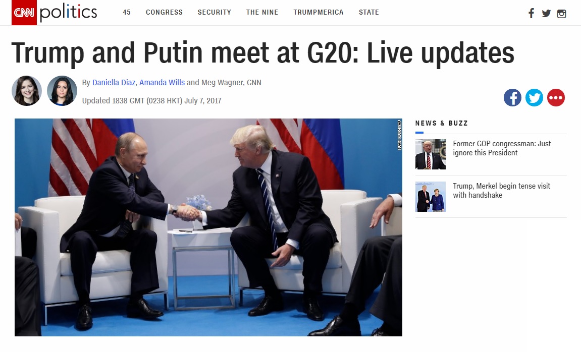 독일 주요 20개국(G20) 정상회의에서 열린 미·러 정상회담을 보도하는 CNN 뉴스 갈무리.