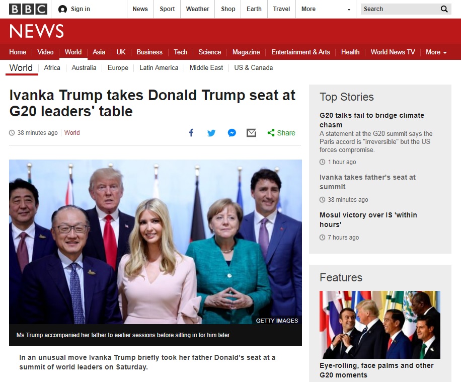 도널드 트럼프 미국 대통령 장녀 이방카의 G20 정상회의 대리 출석 논란을 보도하는 BBC 뉴스 갈무리.