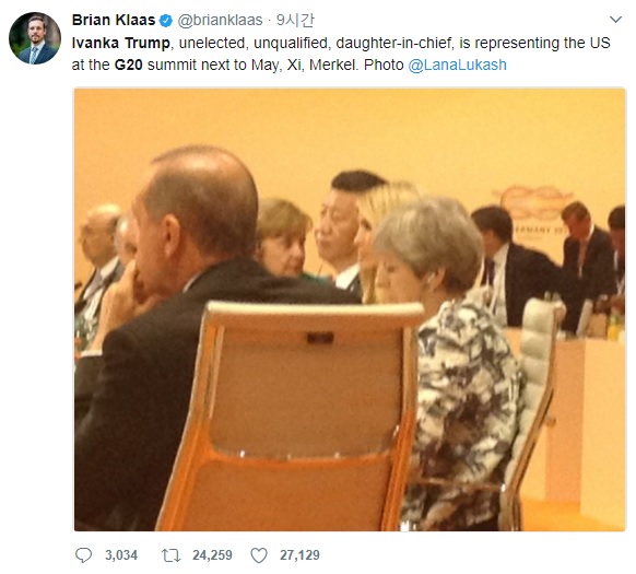 이방카 트럼프의 G20 정상회의 대리 출석을 비판하는 소셜미디어 갈무리.