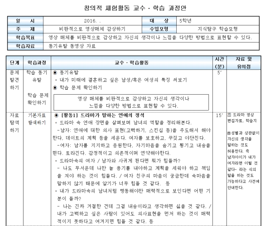  초등학교 5학년을 대상으로 한 '비판적으로 영상매체 감상하기' 관련 창의적 체험활동 교수·학습 과정안.