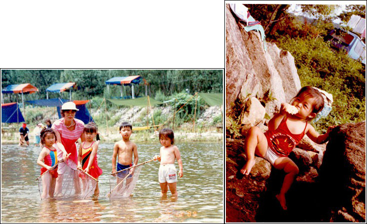 어린시절 두부의 사진. 여자아이임에도 웃통을 까고 있는 두부(왼쪽)와 쩍벌 두부.