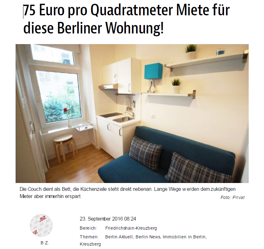 10제곱미터 월세집에 대한 베를린의 언론 B.Z. Berlin의 기사 (이 베를린의 주택은 제곱미터당 75유로의 임대료를 내야한다!)