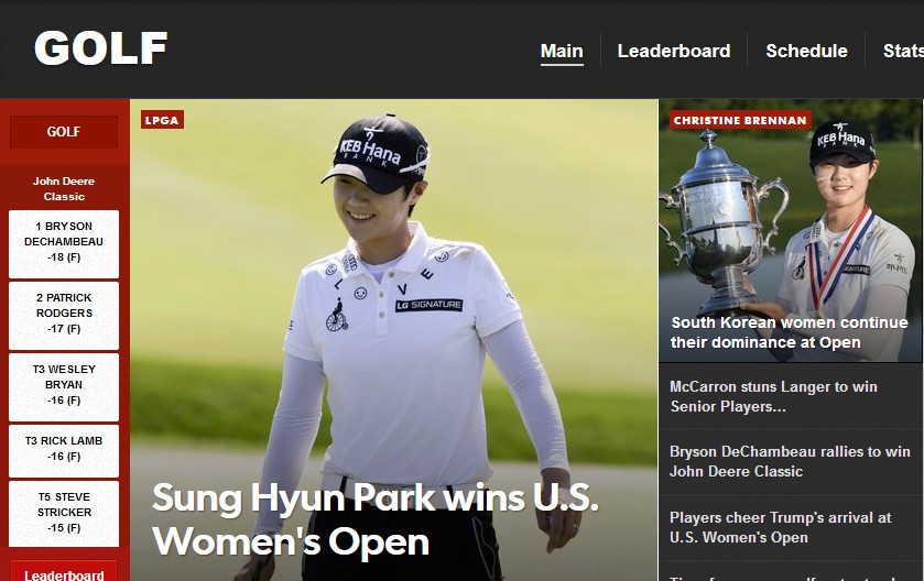  박성현 선수가 미국 최고 권위의 유에스 오픈 골프 토너먼트에서 우승한 소식을 전한 <유에스 에이 투데이> 17일자.