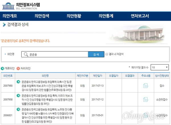  의안정보시스템에 전자 접수한 '문준용 의혹 특검' 관련 법안들을 검색하자 나타난 모습. 맨 위부터 바른정당, 국민의당, 자유한국당 순으로 접수한 모습을 볼 수 있다. 