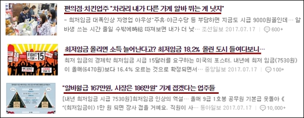 최저임금 인상 관련 조선, 중앙, 동아일보의 보도.