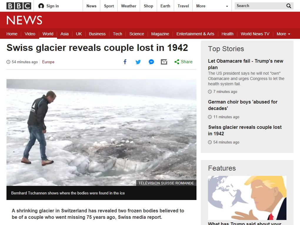 스위스 알프스에서 75년 전 시신을 발견했다고 보도하는 BBC 뉴스 갈무리.