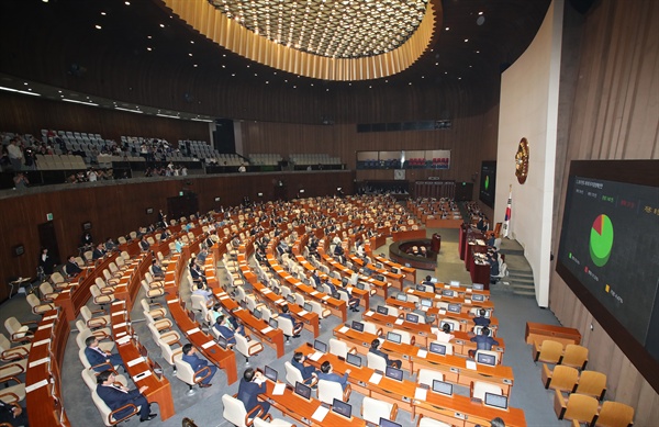  지난 22일 오전 국회에서 열린 추경예산안 처리를 위한 본회의에서 정세균 국회의장이 추경안 가결을 선포하고 있다.