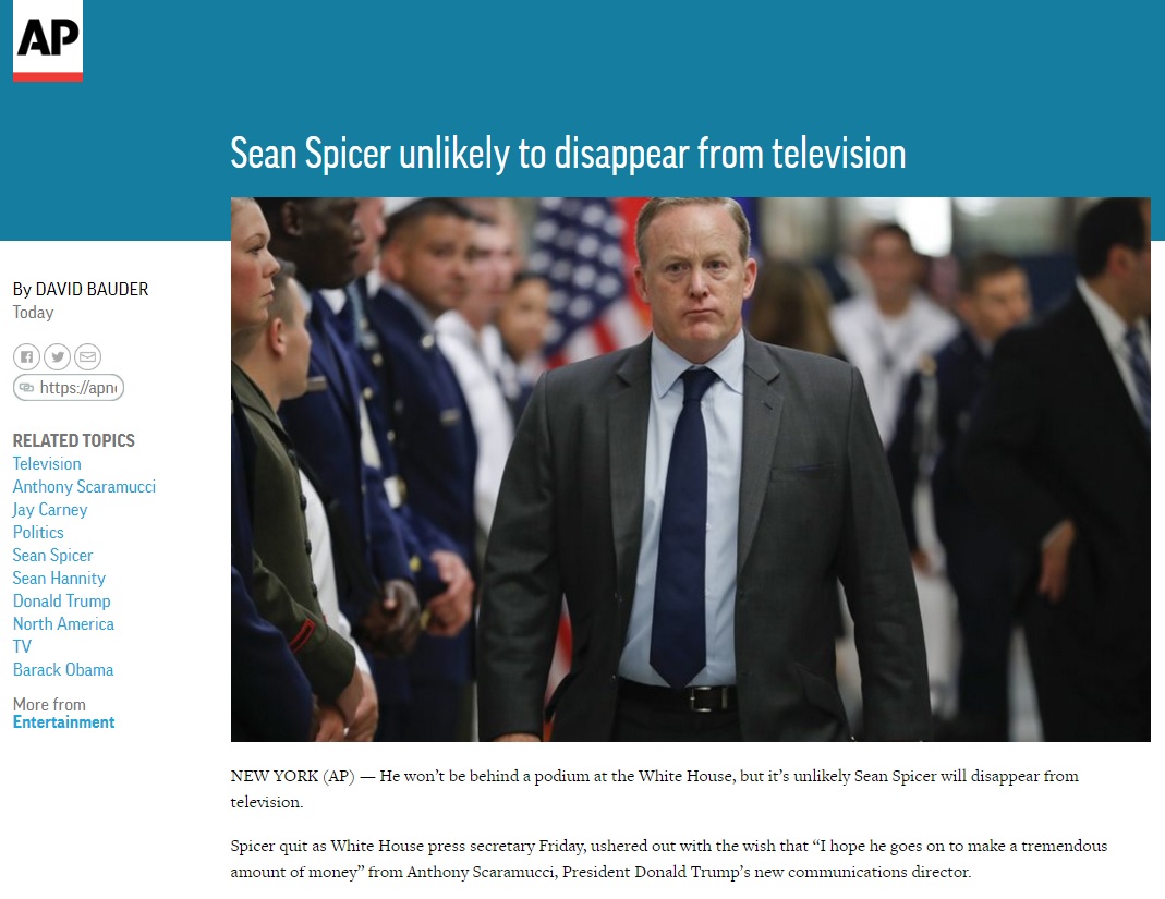 숀 스파이서 백악관 대변인의 사임을 보도하는 AP 뉴스 갈무리.