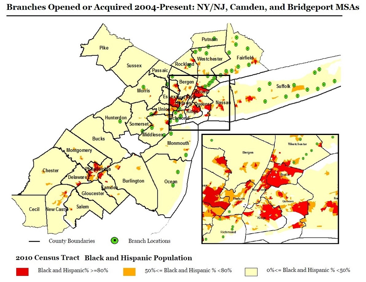  미국 금융소비자보호국(CFPB)의 Hudson City Savings Bank의 지역 차별(redlining) 현황을 지도로 표시한 자료. 빨간색 영역인 흑인+히스패닉 지역에는 교묘하게도 지점이 없는 것을 알 수 있다.

