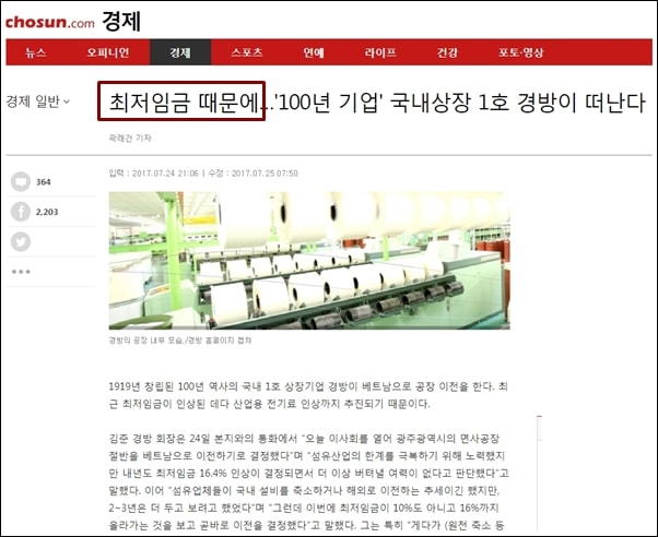 조선일보는 100년 기업 , 국내 상장 1호 기업 경방이 최저임금 때문에 한국을 떠난다고 보도했다