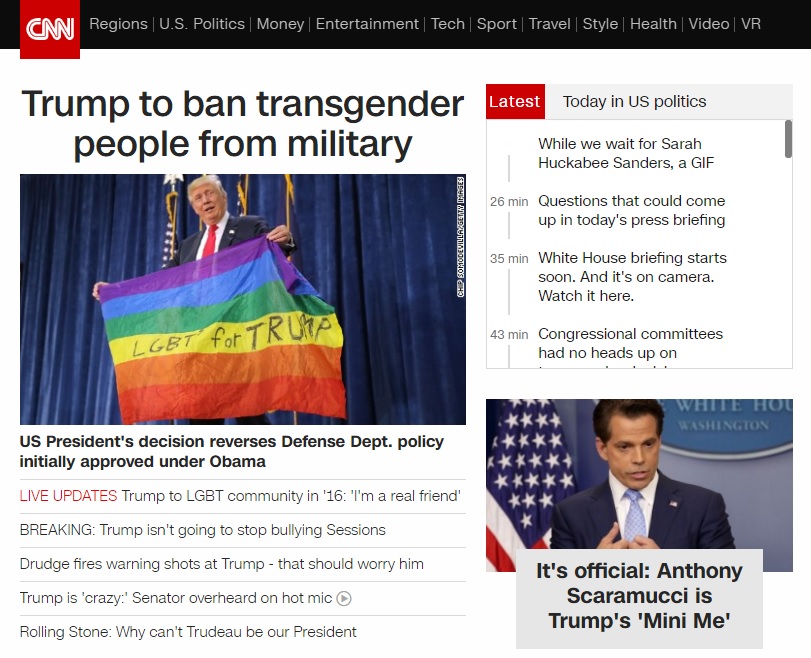 도널드 트럼프 미국 대통령의 트랜스젠더 군 복무 금지 발표를 보도하는 CNN 뉴스 갈무리.
