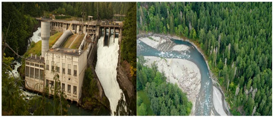   엘와강의 댐 철거 전과 복원 후 모습.