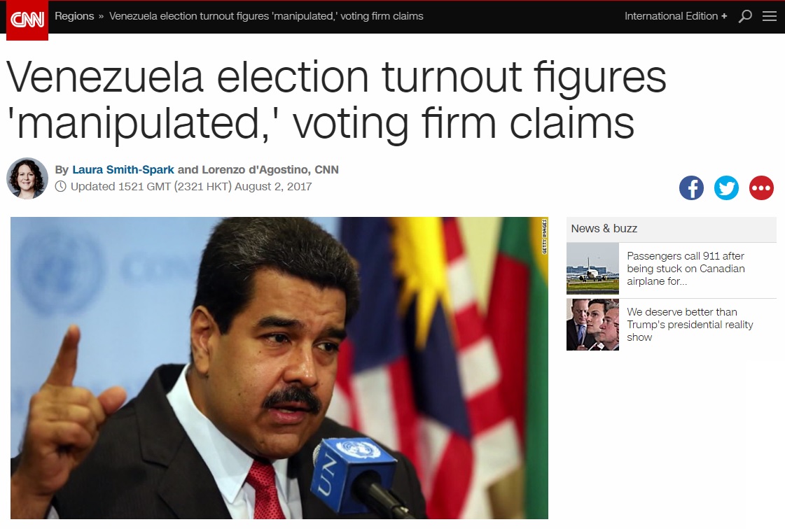 베네수엘라 제헌의회 선거 조작 의혹을 보도하는 CNN 뉴스 갈무리.