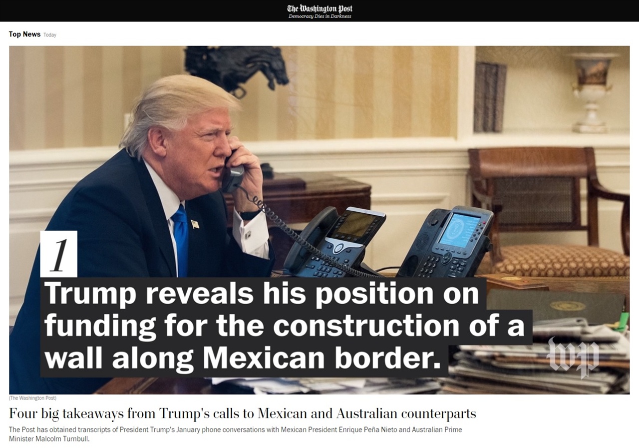 도널드 트럼프 미국 대통령의 멕시코 장벽 건설 거짓말 강요 파문을 보도하는 <워싱턴포스트> 갈무리.