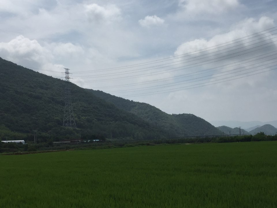 경북 청도군 각북면 삼평1리, 대형 송전탑이 마을 위를 가로지른다.