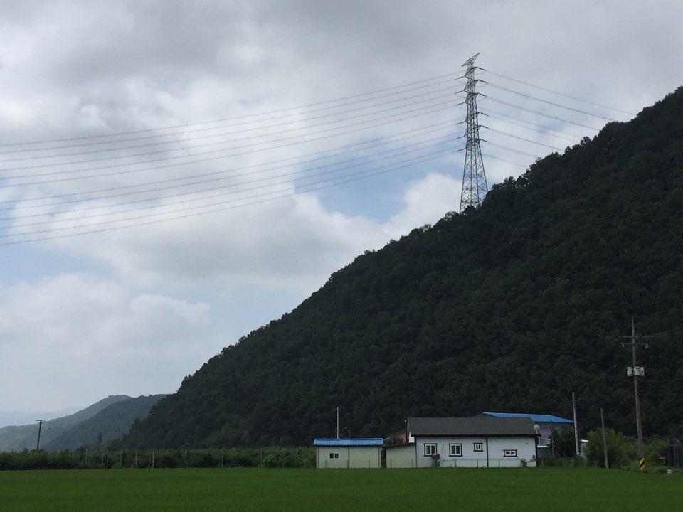 경북 청도군 각북면 삼평1리, 대형 송전탑이 마을 주택 위를 가로지른다.