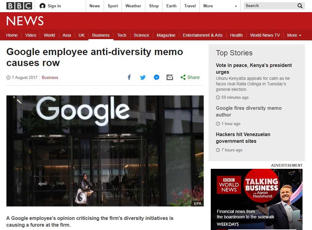 구글의 성차별 및 여성 비하 글을 올린 직원 해고를 보도하는 BBC 뉴스 갈무리.