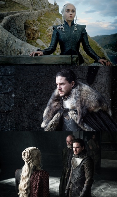  시즌 7에서 드디어 메인 주인공인 얼음: 존 스노우(Kit Harington 분, 가운데)와 불: 대너리스 타르가르옌(Emilia Clarke 분, 위)이 만난다.  