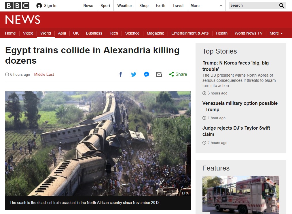 이집트 열차 충돌 사고를 보도하는 BBC 뉴스 갈무리.