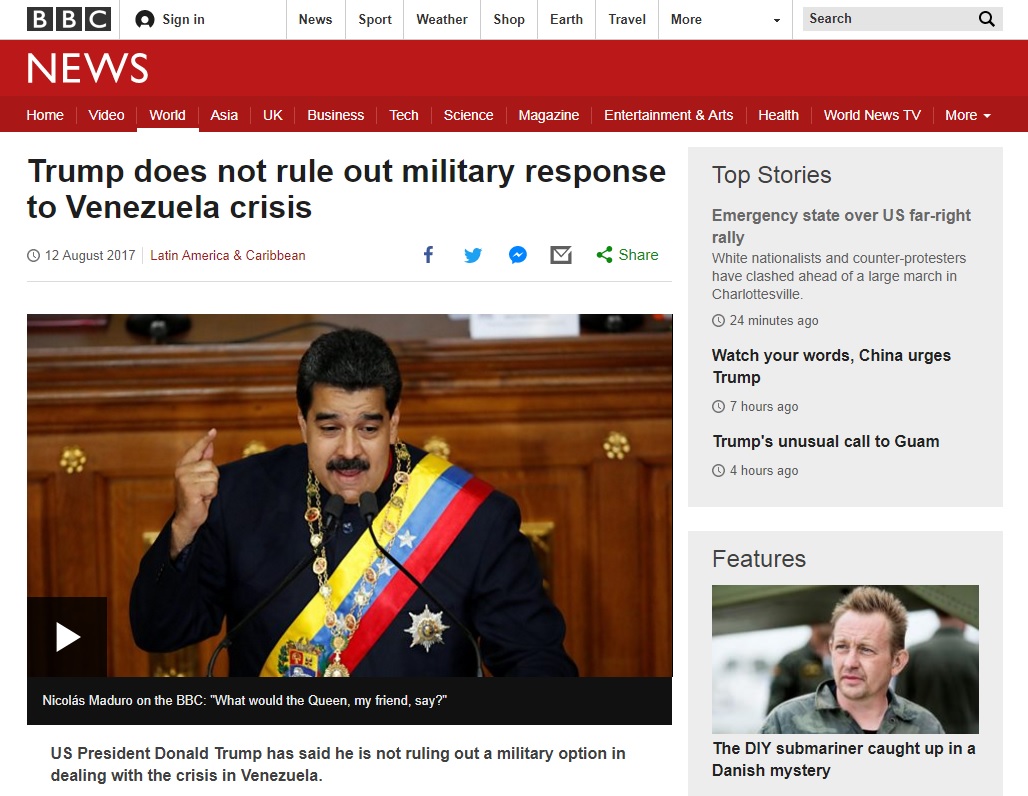도널드 트럼프 미국 대통령의 군사개입 발언에 대한 베네수엘라의 반발을 보도하는 BBC 뉴스 갈무리.
