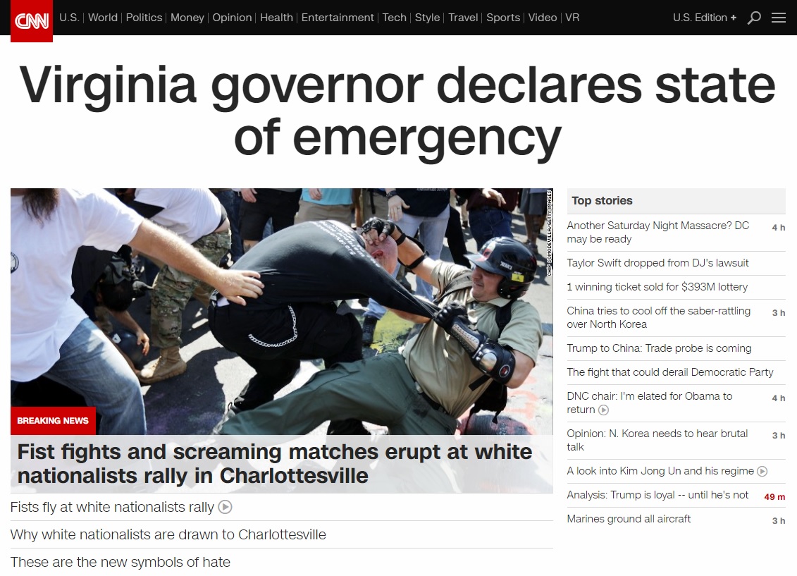 미국 버지니아 주에서 발생한 백인 우월주의 시위를 보도하는 CNN 뉴스 갈무리.