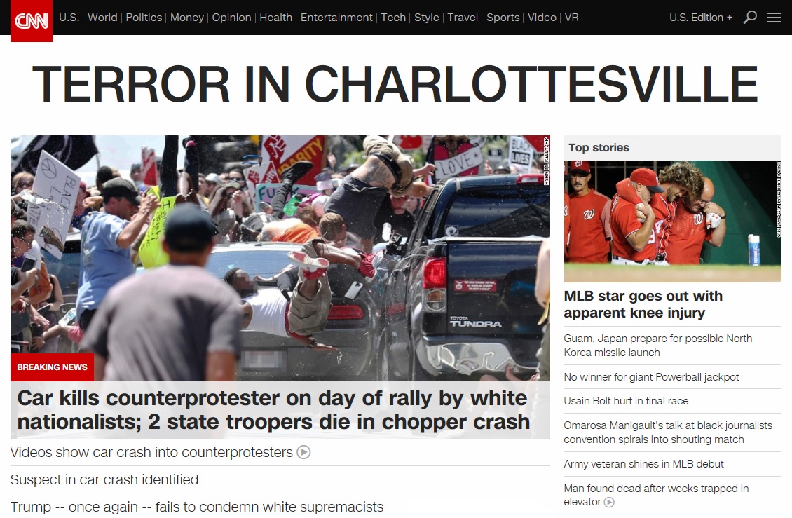 미국 버지니아 샬러츠빌에서 발생한 백인 우월주의 단체 시위 피해 상황을 보도하는 CNN 뉴스 갈무리.