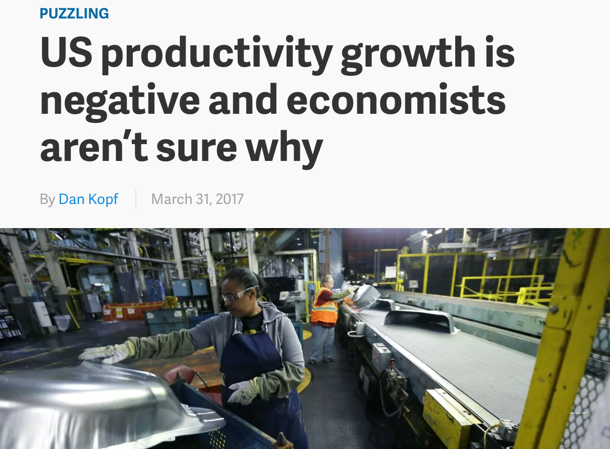 미국은 소위 '4차산업혁명 기술'을 가장 잘 갖춘 나라로 꼽히지만, 생산성은 계속해서 하향곡선을 그리고 있다. 미국 뉴스매체 <쿼츠>는 지난해 미국의 노동생산성이 마이너스를 기록했지만, 그 이유를 알기 어렵다고 보도했다. 
