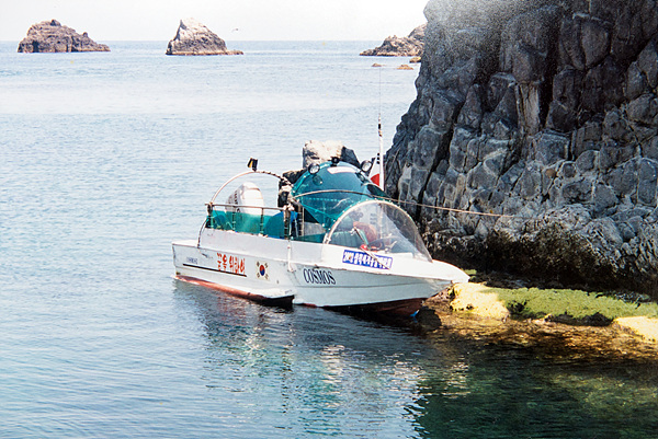 이효웅씨가 3년에 걸쳐 혼자서 제작한 코스모스를 타고 독도에 기항(2002년)한 모습