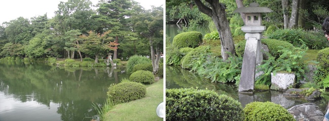             겐로쿠엔 공원 위쪽 연못가에 있는 석등이 이곳을 상징하는 기념물입니다.