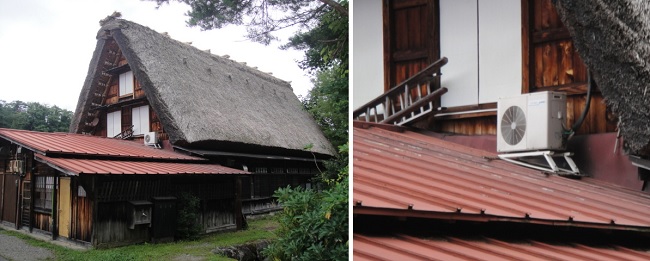           합장 집 지붕 모습과 옆 지붕에 설치된 에어컨 실외기입니다. 전통 집에 살아도 더위는 피할 수 없나봅니다. 