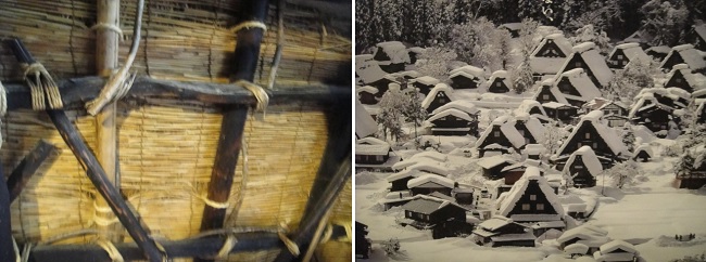             합장 집 지붕 안쪽은 칡넝쿨과 새끼줄로 묶었습니다. 오른쪽 사진은 합장 집 마을 눈 덮인 겨울 철 모습입니다.？ 