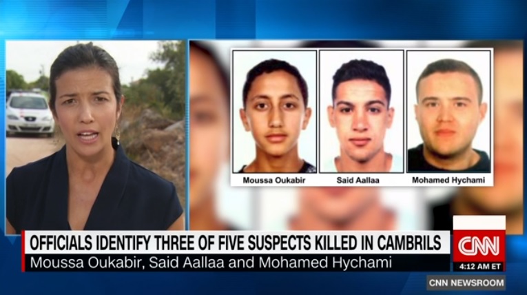 스페인 바르셀로나·캄브릴스 테러 수사를 보도하는 CNN 뉴스 갈무리.