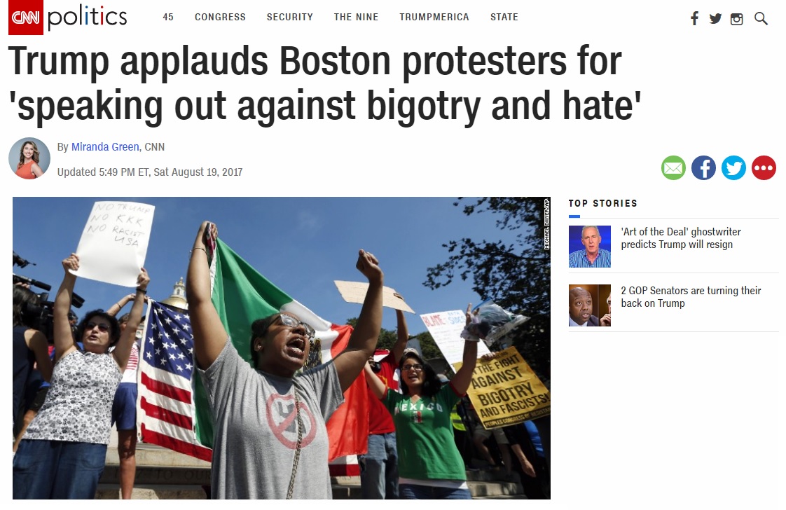 미국 보스턴에서 열린 인종차별 반대 시위를 보도하는 CNN 뉴스 갈무리.