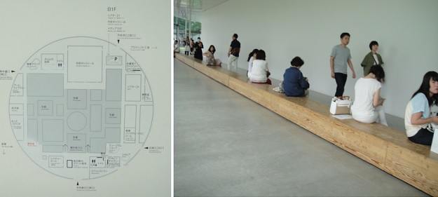           21세기미술관 전시관 배치 그림과 미술관 안에 놓인 긴 의자입니다.