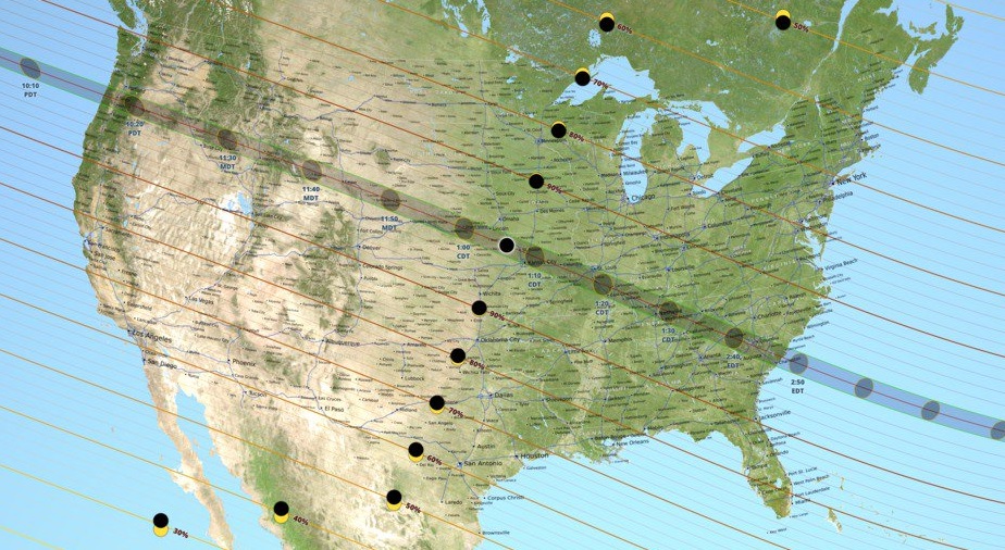 개기일식의 이동 경로를 보여주는 미국 항공우주국(NASA 지도 갈무리.