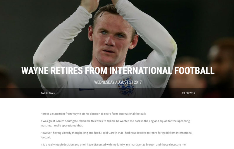  잉글랜드 대표팀 은퇴를 선언하는 웨인 루니 공식 홈페이지 갈무리.