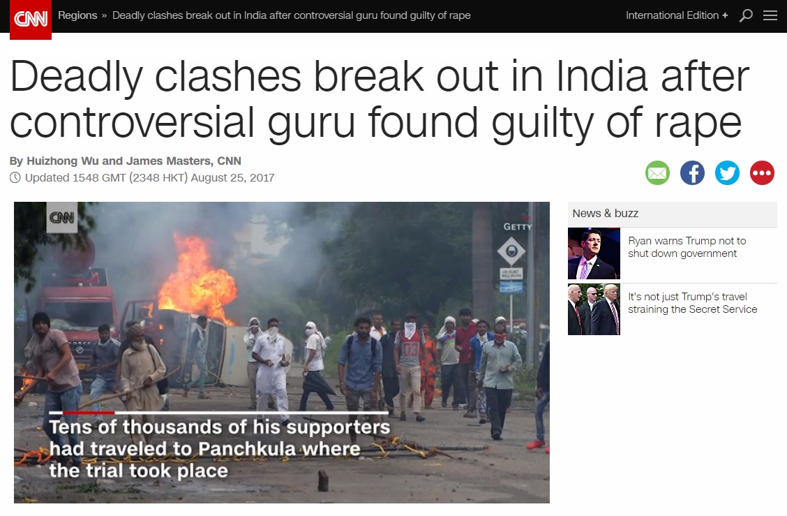 인도 종교단체 추종자들의 폭동 사태를 보도하는 CNN 뉴스 갈무리.
