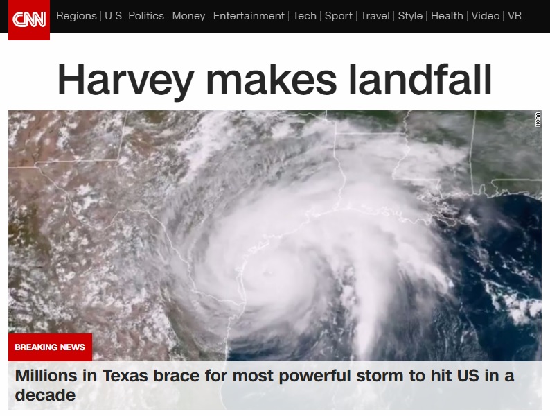 초강력 허리케인 '하비'의 미국 텍사스 상륙을 보도하는 CNN 뉴스 갈무리.