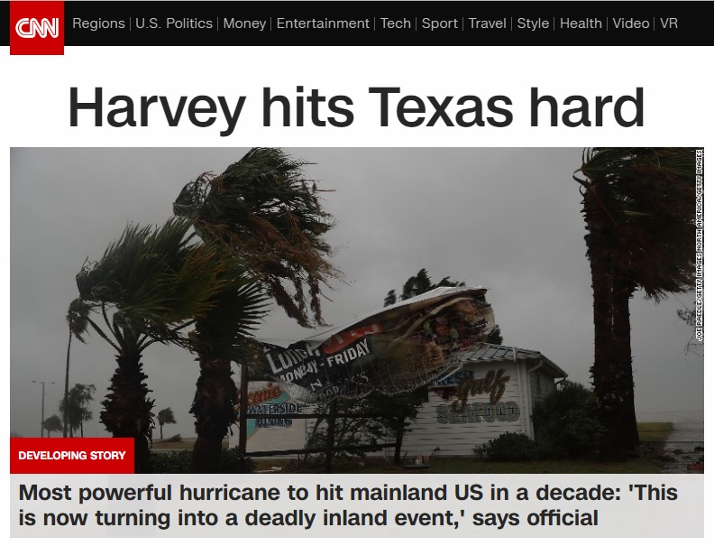 미국 텍사스를 강타한 허리케인 '하비'에 따른 피해 상황을 보도하는 CNN 뉴스 갈무리.