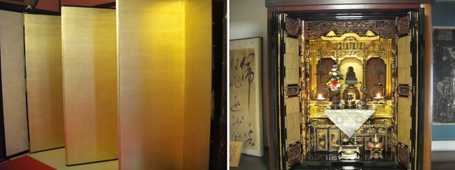           왼쪽 사진은 아무 무늬 없이 금박으로 만든 병풍이고, 오른쪽 사진은 금으로 꾸며놓은 사무라이 집 조상신을 모신 신단입니다. 