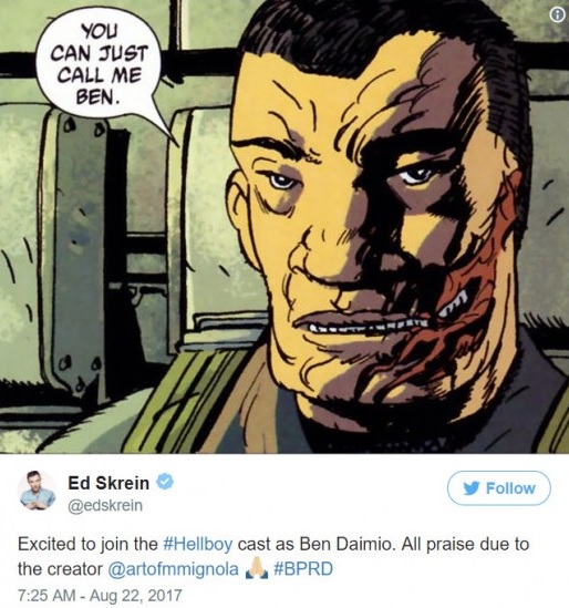  에드 스크레인이 자신의 소셜미디어에 올린 <헬보이>의 일본계 미국인 소령 벤 다이미오 캐릭터.