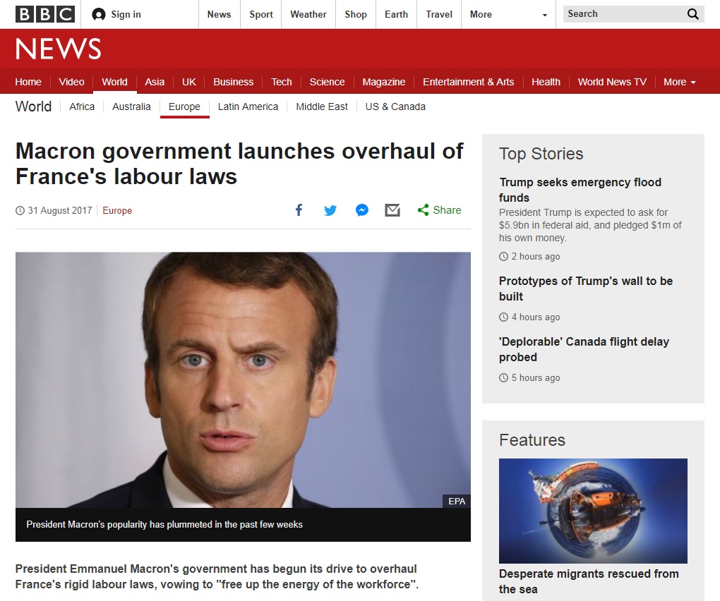프랑스의 노동법 개정안 발표를 보도하는 BBC 뉴스 갈무리.