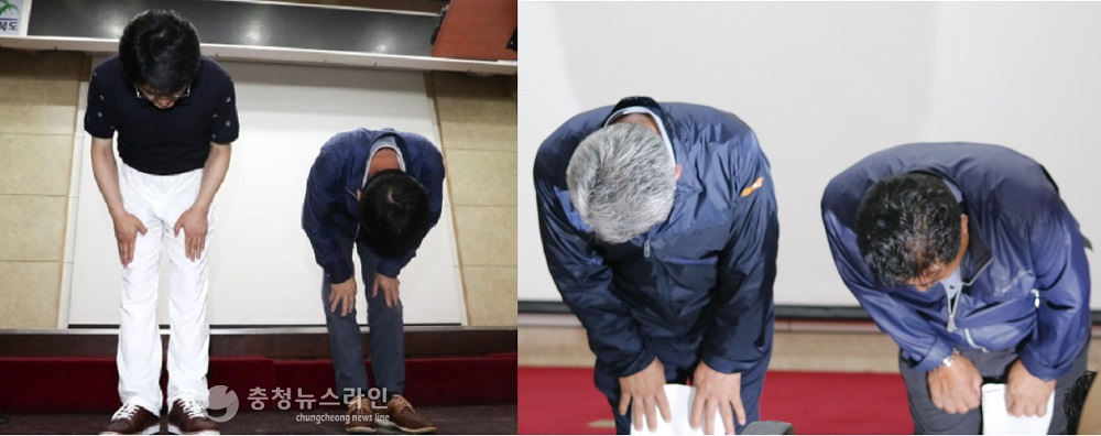 기습 폭우로 물난리를 겪는 중에 해외연수를 강행했다가 고개숙인 충북도의회 김학철·박한범·최병윤·박봉순 의원.
