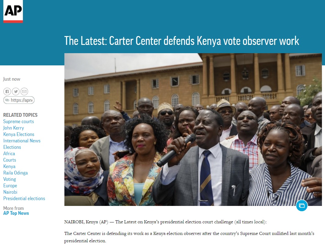 케냐 대선 무효 판결을 보도하는 AP 뉴스 갈무리.
