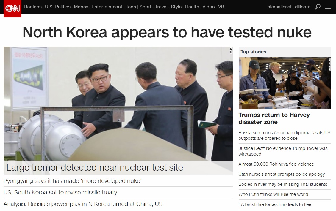 북한의 6차 핵실험 강행 추정을 보도하는 CNN 뉴스 갈무리.