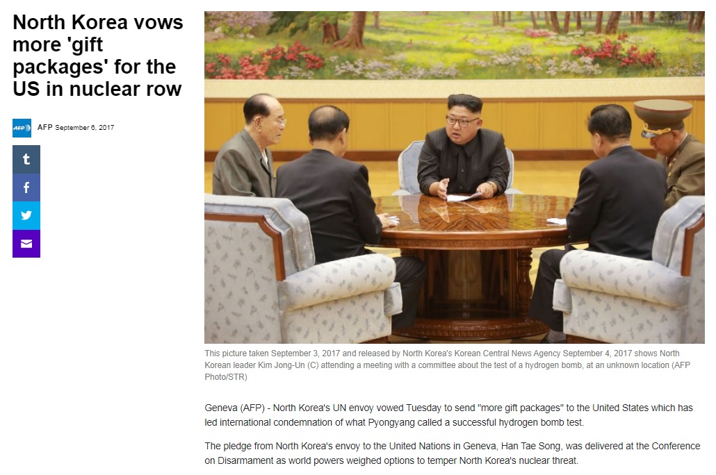 북한의 핵·미사일 시험 관련 입장을 보도하는 AFP뉴스 갈무리.