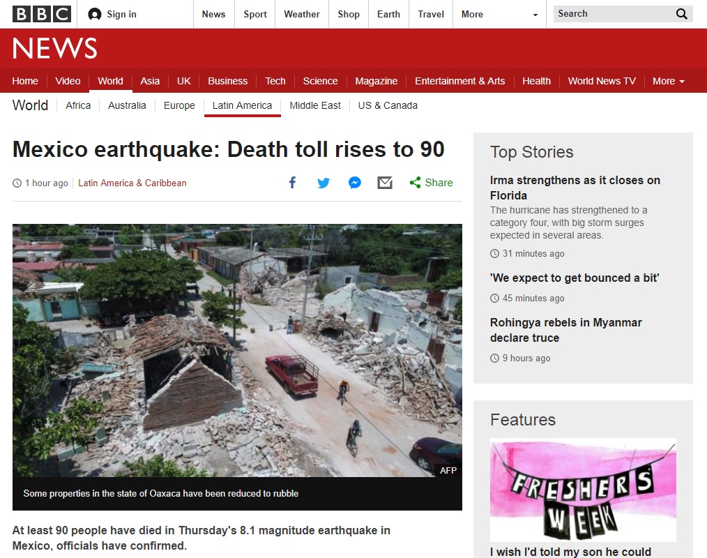 멕시코 강진 피해를 보도하는 BBC 뉴스 갈무리.